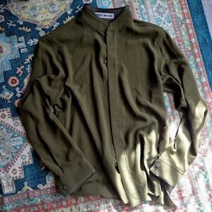 Issey Miyake mandarin collar green button up shirt